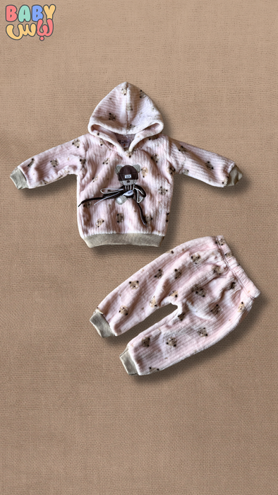 Bear Applique Fur Pink Hoodie suit